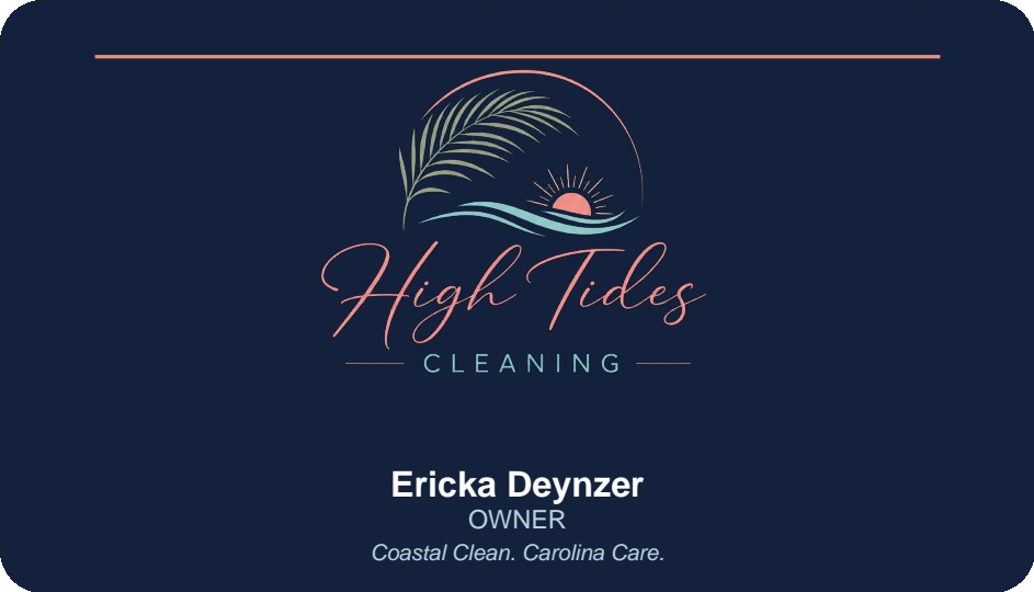 High Tides Cleaning navy business card front design with logo and owner name
